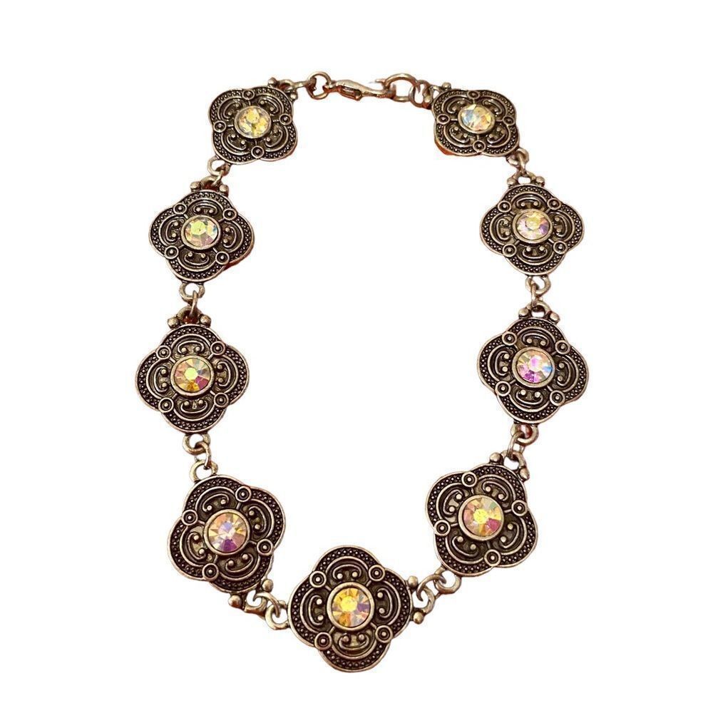 Delicate Looking Filigree & Iridescent Crystal Silver Toned Bracelet.